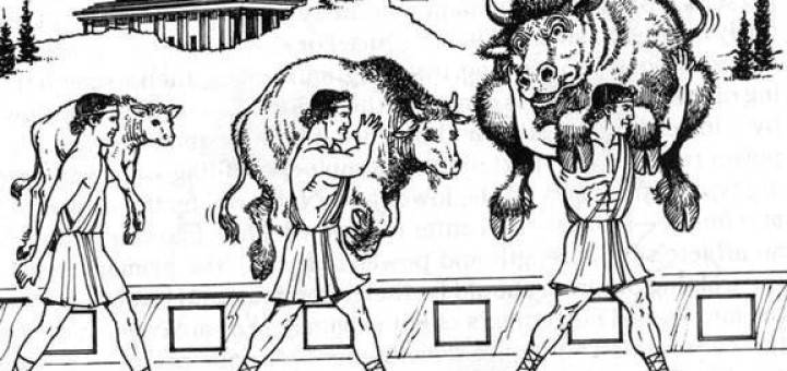 Cartoon of man carrying ox