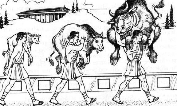 Cartoon of man carrying ox